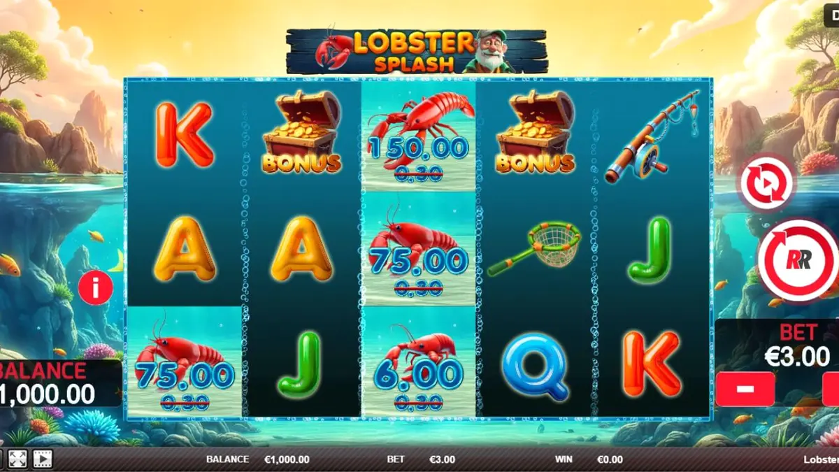 Interface do jogo Lobster Splash com elementos marinhos e lagostas