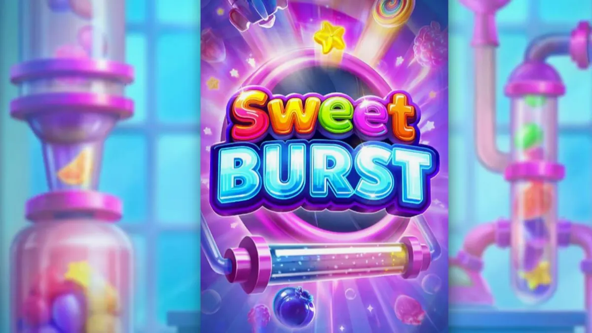 Interface vibrante e futurista do slot Sweet Burst com símbolos de doces e frutas